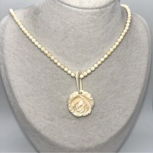 Cream Bovine Beaded Choker Rose Pendant Vintage